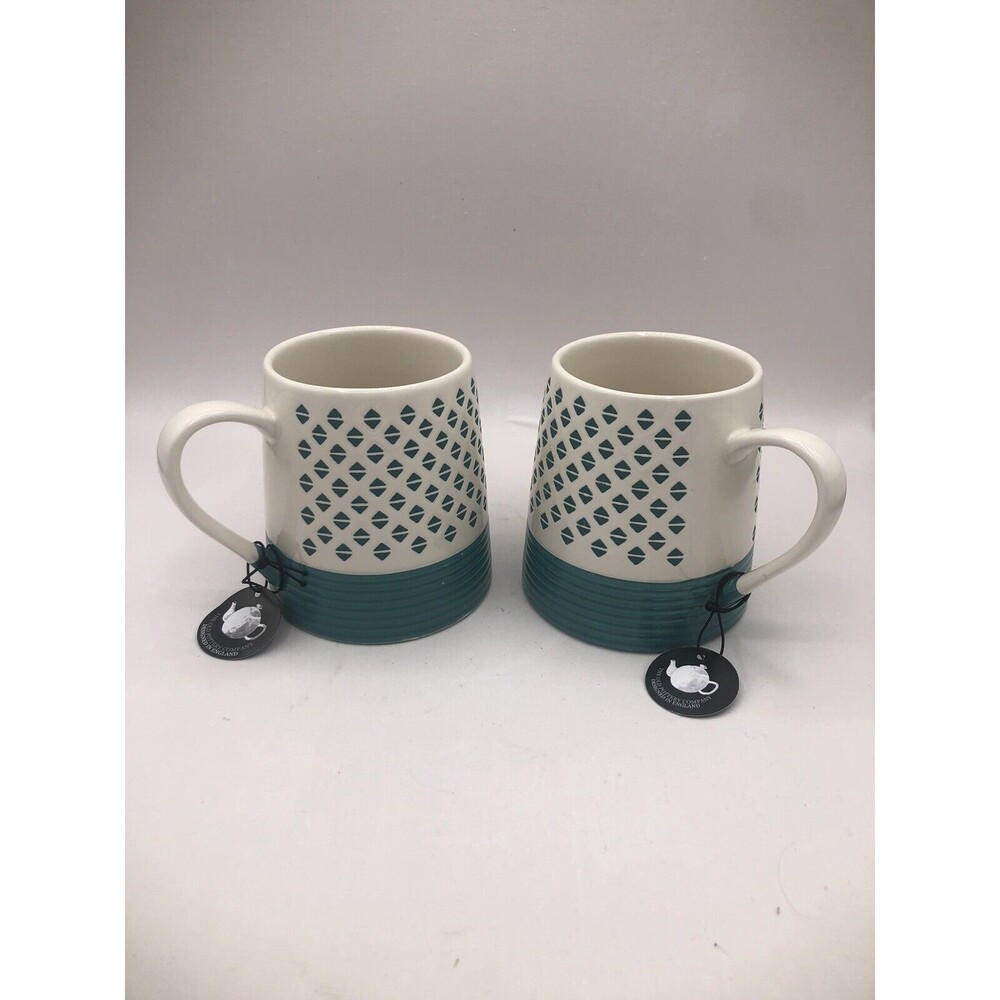 Old Pottery Company Button Diamond Mug. Teal/White Set of Two 16oz Coffee Tea
